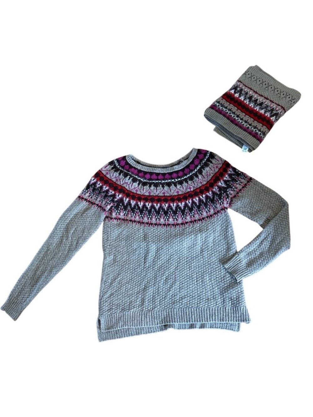 Maurices Tan Fair Isle Knit Sweater Womens Lg With Matching Infinity Scarf TAN